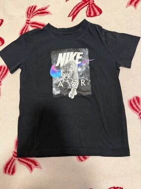 Nike Black Kids Graphic Tee with Leopard and Iridescent Swoosh